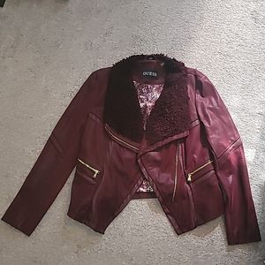 GUESS - Burgundy Faux Leather Jacket with Gold Detailing - XL